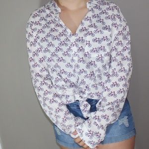 White Long Sleeve Button up with Red Bikes